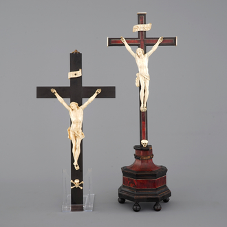 Two carved ivory corpus christi, mounted on ebony and tortoise shell crucifix, 18/19th C.